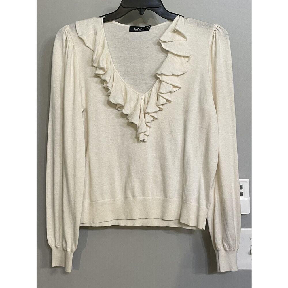 Lauren Ralph Lauren Sweater Ruffle Trim Jersey Winter Cream Modal Large New